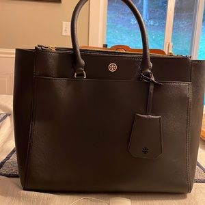 Tory Burch Robinson Double-zip Tote, Black Leather with Royal Navy Interior